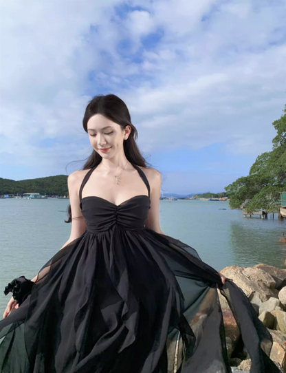 Dreamy Black Chiffon Flowy Ruffles Ribbon Maxi Dress Chic Asymmetric Hem Open-Back Halter Long Dress AP1546