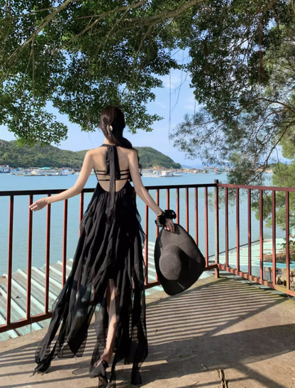 Dreamy Black Chiffon Flowy Ruffles Ribbon Maxi Dress Chic Asymmetric Hem Open-Back Halter Long Dress AP1546
