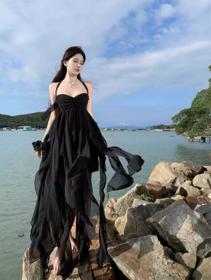 Dreamy Black Chiffon Flowy Ruffles Ribbon Maxi Dress Chic Asymmetric Hem Open-Back Halter Long Dress AP1546