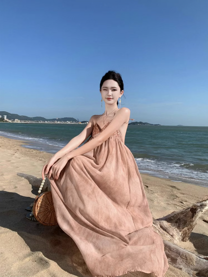 Elegant Glittering Sequins Design Maxi Dress Niche Open-Back Tie-Back Flowy Halter Long Dress AP1547