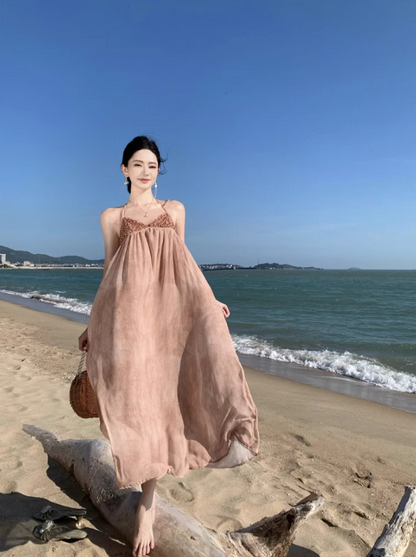 Elegant Glittering Sequins Design Maxi Dress Niche Open-Back Tie-Back Flowy Halter Long Dress AP1547