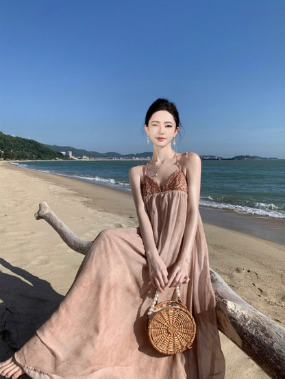 Elegant Glittering Sequins Design Maxi Dress Niche Open-Back Tie-Back Flowy Halter Long Dress AP1547