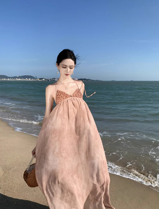 Elegant Glittering Sequins Design Maxi Dress Niche Open-Back Tie-Back Flowy Halter Long Dress AP1547