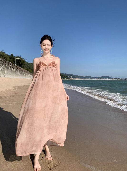 Elegant Glittering Sequins Design Maxi Dress Niche Open-Back Tie-Back Flowy Halter Long Dress AP1547