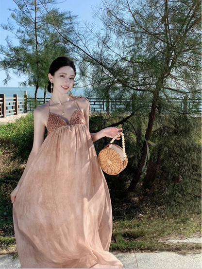 Elegant Glittering Sequins Design Maxi Dress Niche Open-Back Tie-Back Flowy Halter Long Dress AP1547