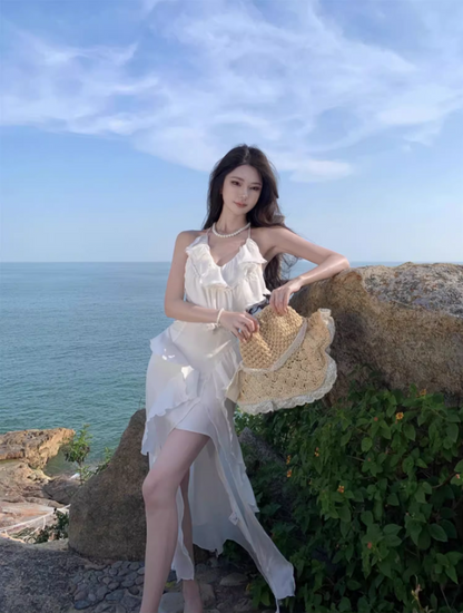 Ethereal Cascade Ruffles Trimmed White Maxi Dress Vogue Flowy Tie-Back Cutout Waist High-Slit Halter Long Dress AP1548