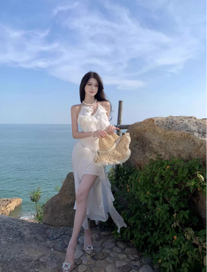 Ethereal Cascade Ruffles Trimmed White Maxi Dress Vogue Flowy Tie-Back Cutout Waist High-Slit Halter Long Dress AP1548