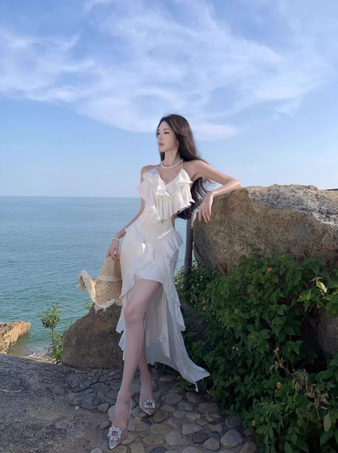 Ethereal Cascade Ruffles Trimmed White Maxi Dress Vogue Flowy Tie-Back Cutout Waist High-Slit Halter Long Dress AP1548