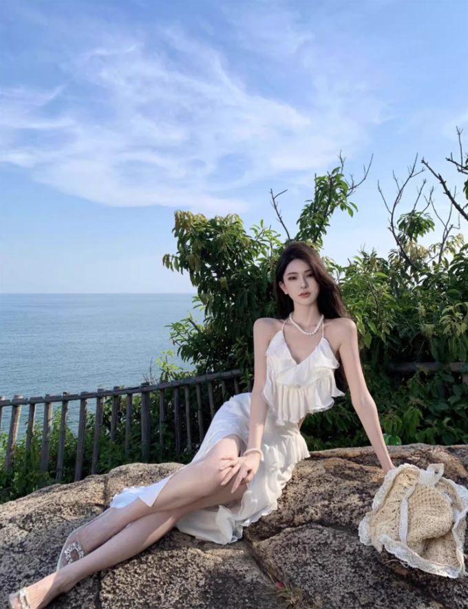 Ethereal Cascade Ruffles Trimmed White Maxi Dress Vogue Flowy Tie-Back Cutout Waist High-Slit Halter Long Dress AP1548