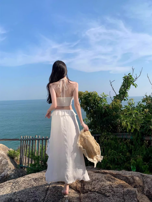 Ethereal Cascade Ruffles Trimmed White Maxi Dress Vogue Flowy Tie-Back Cutout Waist High-Slit Halter Long Dress AP1548