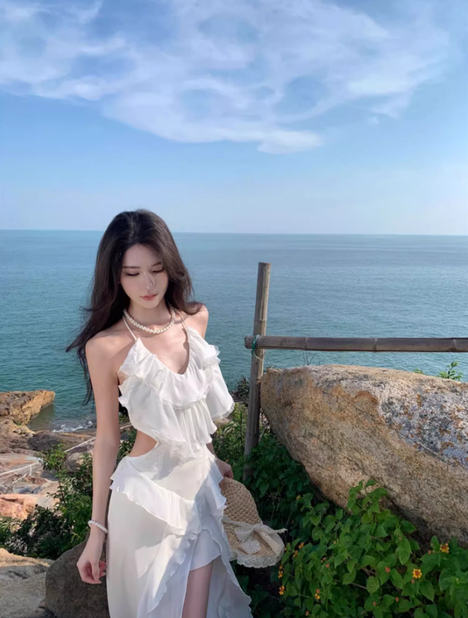 Ethereal Cascade Ruffles Trimmed White Maxi Dress Vogue Flowy Tie-Back Cutout Waist High-Slit Halter Long Dress AP1548