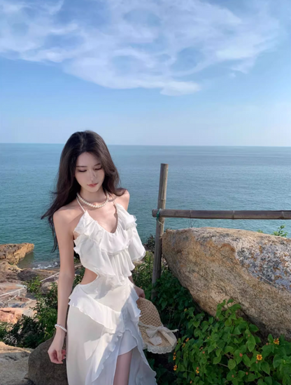 Ethereal Cascade Ruffles Trimmed White Maxi Dress Vogue Flowy Tie-Back Cutout Waist High-Slit Halter Long Dress AP1548