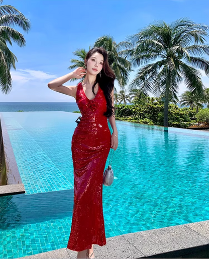 Alluring Sheath Red High-Slit Maxi Dress Sexy Sparkling Sequins Flower Design Halter Long Dress AP1549