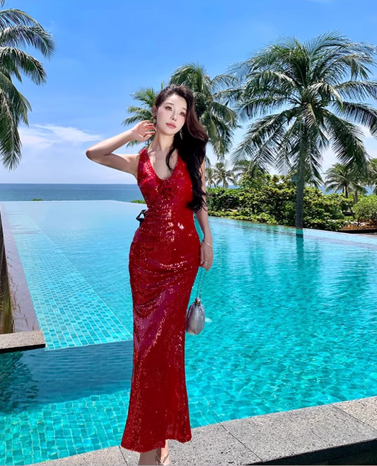 Alluring Sheath Red High-Slit Maxi Dress Sexy Sparkling Sequins Flower Design Halter Long Dress AP1549