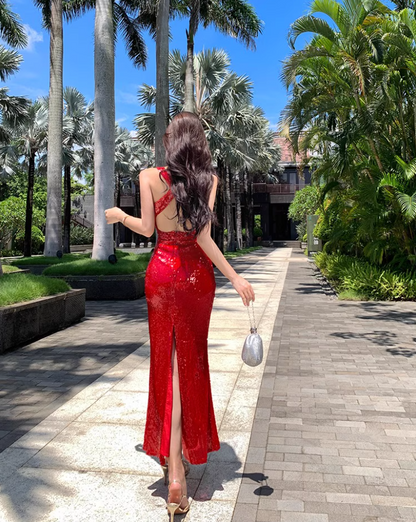 Alluring Sheath Red High-Slit Maxi Dress Sexy Sparkling Sequins Flower Design Halter Long Dress AP1549