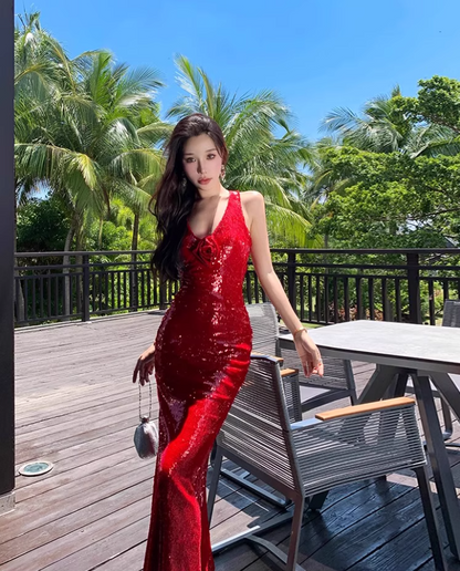 Alluring Sheath Red High-Slit Maxi Dress Sexy Sparkling Sequins Flower Design Halter Long Dress AP1549