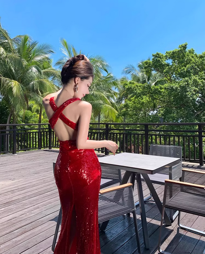 Alluring Sheath Red High-Slit Maxi Dress Sexy Sparkling Sequins Flower Design Halter Long Dress AP1549