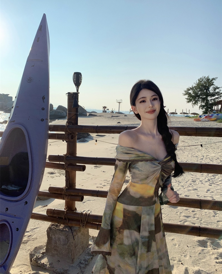 Retro Tie-Dye Off-Shoulder Maxi Dress Gen Z Style Beach Vacays Long Sleeve Tiered Hem Long Dress AP1550