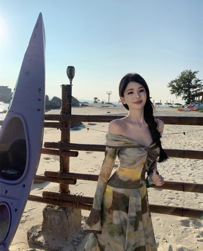 Retro Tie-Dye Off-Shoulder Maxi Dress Gen Z Style Beach Vacays Long Sleeve Tiered Hem Long Dress AP1550