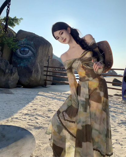 Retro Tie-Dye Off-Shoulder Maxi Dress Gen Z Style Beach Vacays Long Sleeve Tiered Hem Long Dress AP1550