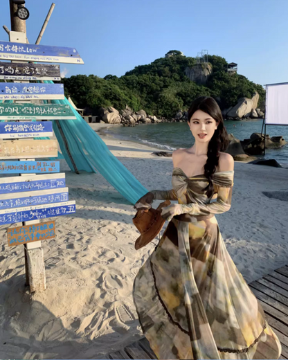 Retro Tie-Dye Off-Shoulder Maxi Dress Gen Z Style Beach Vacays Long Sleeve Tiered Hem Long Dress AP1550