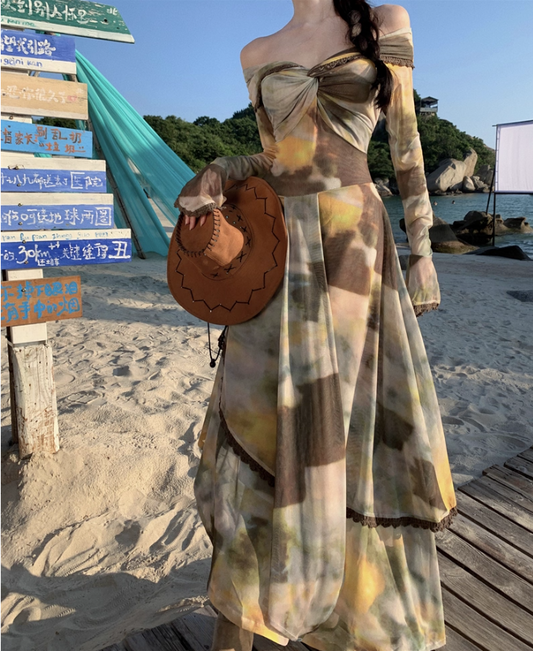 Retro Tie-Dye Off-Shoulder Maxi Dress Gen Z Style Beach Vacays Long Sleeve Tiered Hem Long Dress AP1550
