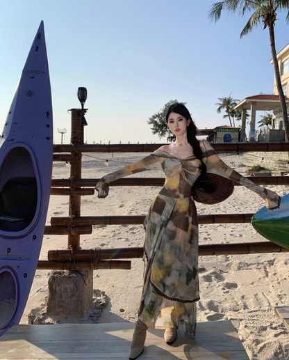 Retro Tie-Dye Off-Shoulder Maxi Dress Gen Z Style Beach Vacays Long Sleeve Tiered Hem Long Dress AP1550