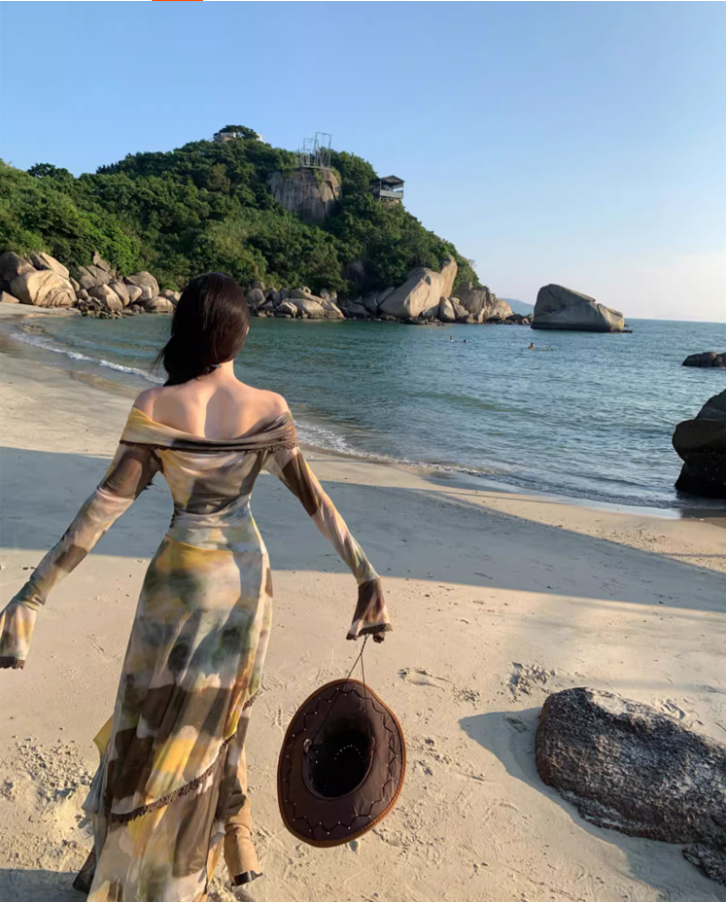 Retro Tie-Dye Off-Shoulder Maxi Dress Gen Z Style Beach Vacays Long Sleeve Tiered Hem Long Dress AP1550