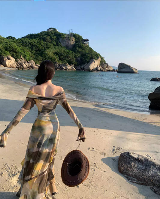 Retro Tie-Dye Off-Shoulder Maxi Dress Gen Z Style Beach Vacays Long Sleeve Tiered Hem Long Dress AP1550