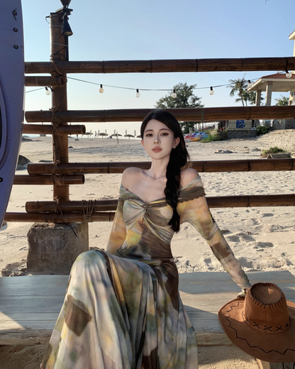 Retro Tie-Dye Off-Shoulder Maxi Dress Gen Z Style Beach Vacays Long Sleeve Tiered Hem Long Dress AP1550