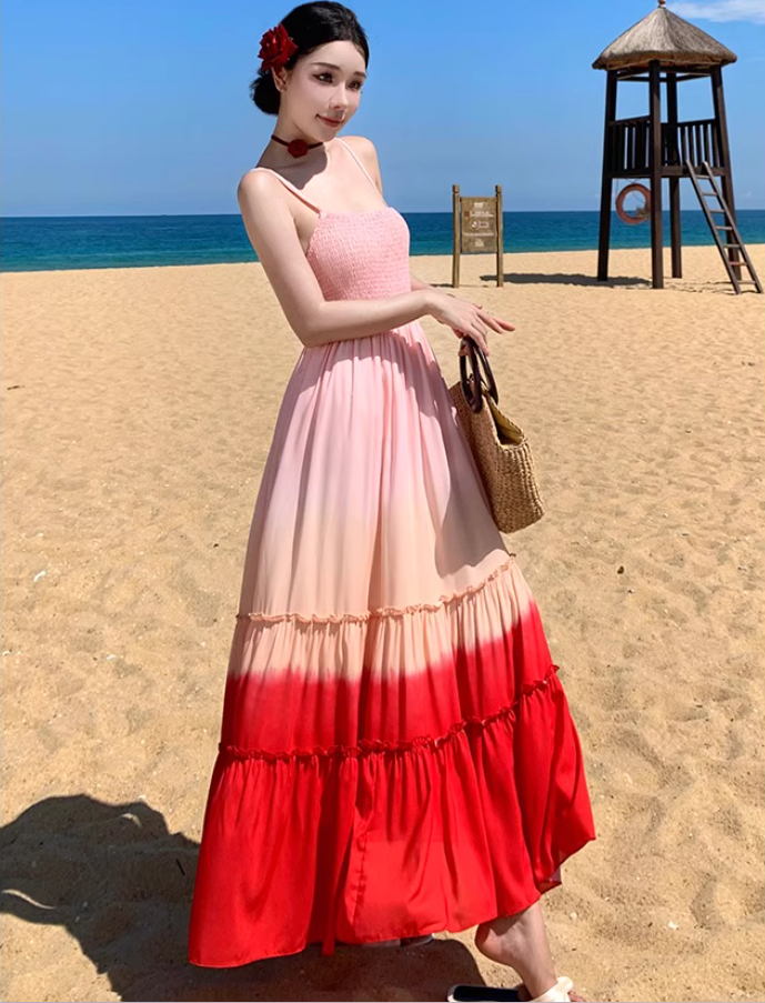 Dopamine Style Pink & Red Gradient Maxi Dress Vibrant Spaghetti Strap Ruffles Trimmed Flowy Long Dress AP1551