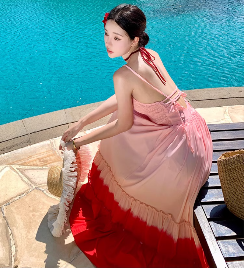 Dopamine Style Pink & Red Gradient Maxi Dress Vibrant Spaghetti Strap Ruffles Trimmed Flowy Long Dress AP1551