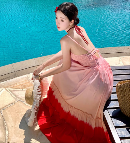 Dopamine Style Pink & Red Gradient Maxi Dress Vibrant Spaghetti Strap Ruffles Trimmed Flowy Long Dress AP1551
