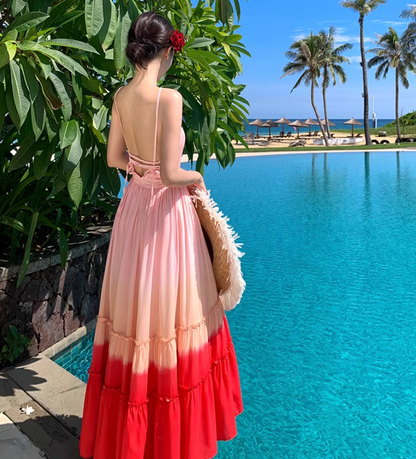 Dopamine Style Pink & Red Gradient Maxi Dress Vibrant Spaghetti Strap Ruffles Trimmed Flowy Long Dress AP1551