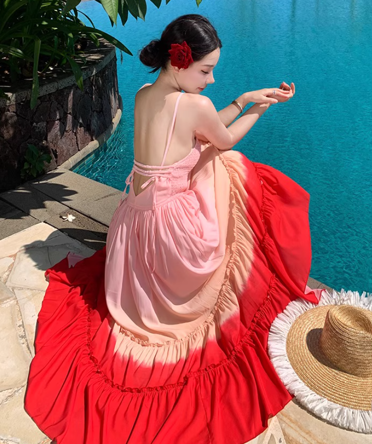 Dopamine Style Pink & Red Gradient Maxi Dress Vibrant Spaghetti Strap Ruffles Trimmed Flowy Long Dress AP1551