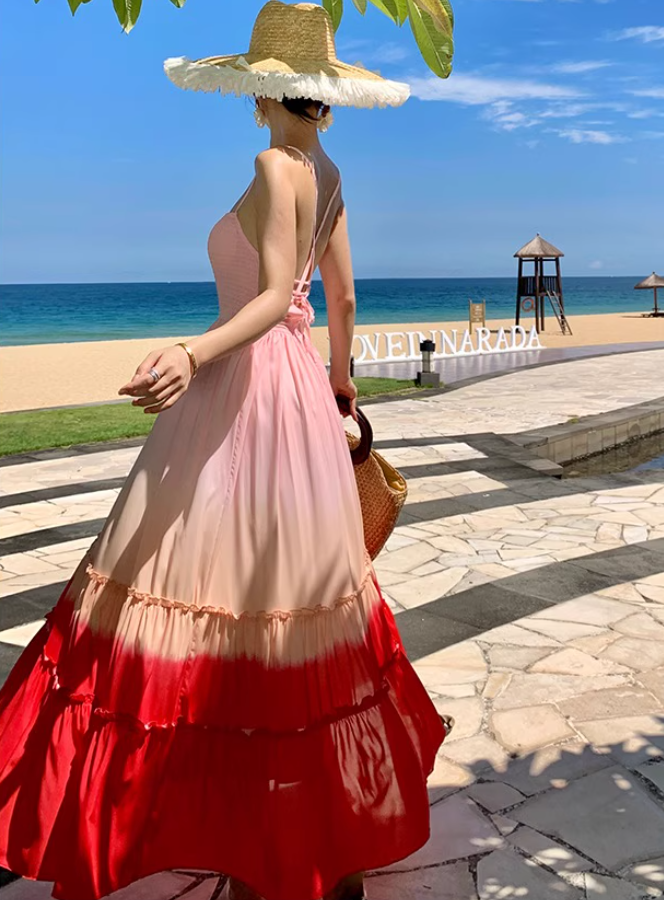 Dopamine Style Pink & Red Gradient Maxi Dress Vibrant Spaghetti Strap Ruffles Trimmed Flowy Long Dress AP1551