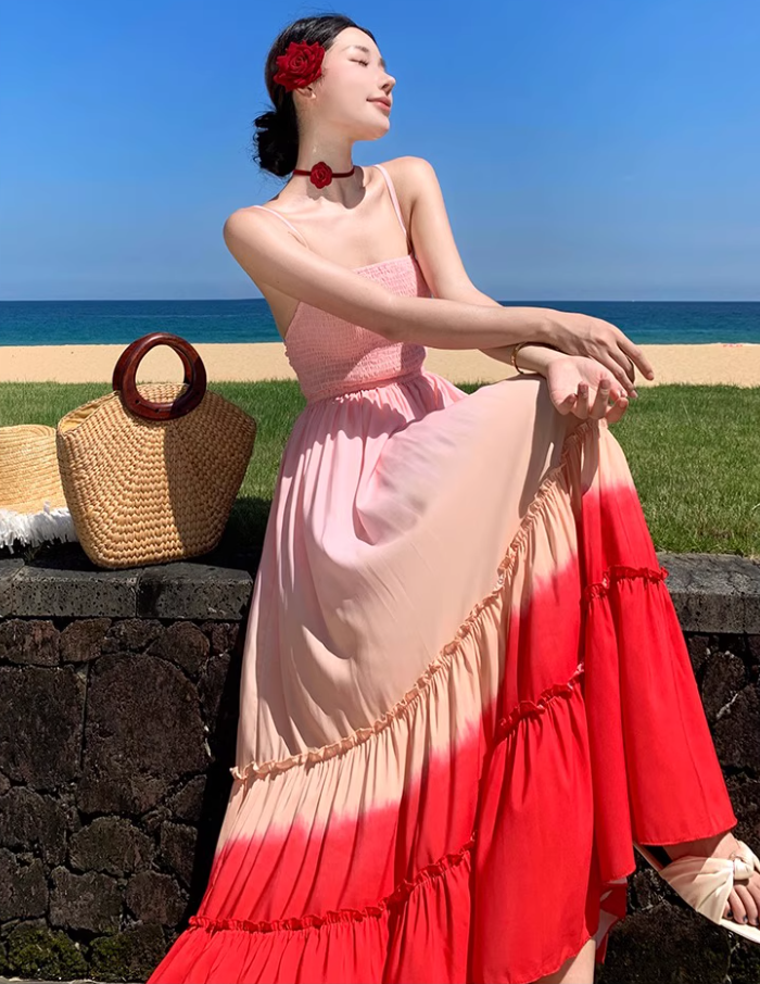 Dopamine Style Pink & Red Gradient Maxi Dress Vibrant Spaghetti Strap Ruffles Trimmed Flowy Long Dress AP1551