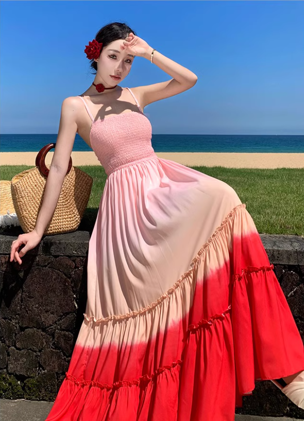 Dopamine Style Pink & Red Gradient Maxi Dress Vibrant Spaghetti Strap Ruffles Trimmed Flowy Long Dress AP1551