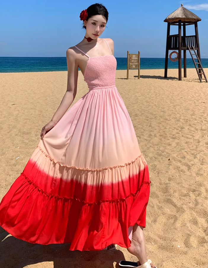 Dopamine Style Pink & Red Gradient Maxi Dress Vibrant Spaghetti Strap Ruffles Trimmed Flowy Long Dress AP1551