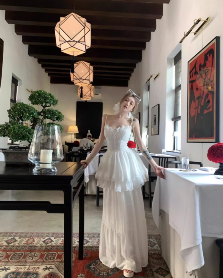 Ethereal Tiered Ruffle Hem Lace Trimmed Maxi Dress Versatile Flowy Spaghetti Strap Outdoor Events Long Dress AP1552