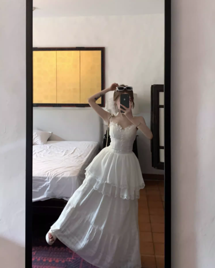 Ethereal Tiered Ruffle Hem Lace Trimmed Maxi Dress Versatile Flowy Spaghetti Strap Outdoor Events Long Dress AP1552