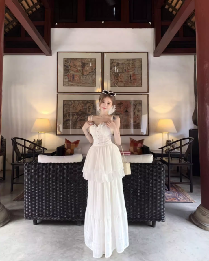 Ethereal Tiered Ruffle Hem Lace Trimmed Maxi Dress Versatile Flowy Spaghetti Strap Outdoor Events Long Dress AP1552