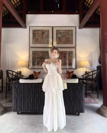 Ethereal Tiered Ruffle Hem Lace Trimmed Maxi Dress Versatile Flowy Spaghetti Strap Outdoor Events Long Dress AP1552