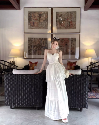 Ethereal Tiered Ruffle Hem Lace Trimmed Maxi Dress Versatile Flowy Spaghetti Strap Outdoor Events Long Dress AP1552