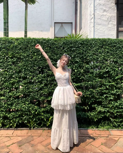 Ethereal Tiered Ruffle Hem Lace Trimmed Maxi Dress Versatile Flowy Spaghetti Strap Outdoor Events Long Dress AP1552