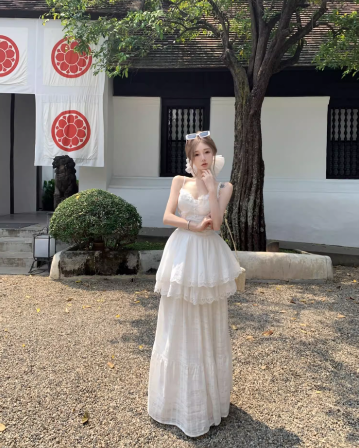 Ethereal Tiered Ruffle Hem Lace Trimmed Maxi Dress Versatile Flowy Spaghetti Strap Outdoor Events Long Dress AP1552