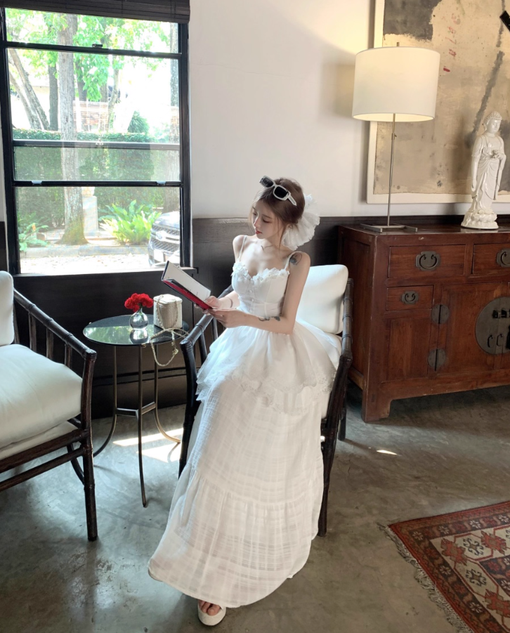 Ethereal Tiered Ruffle Hem Lace Trimmed Maxi Dress Versatile Flowy Spaghetti Strap Outdoor Events Long Dress AP1552