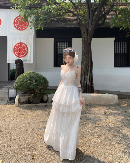 Ethereal Tiered Ruffle Hem Lace Trimmed Maxi Dress Versatile Flowy Spaghetti Strap Outdoor Events Long Dress AP1552