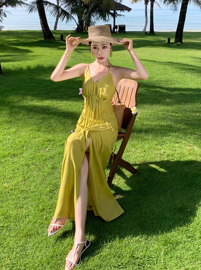 Vibrant High-Slit Light Green Maxi Dress Versatile Flowy Spaghetti Strap Ruched Tie-Back Long Dress AP1553