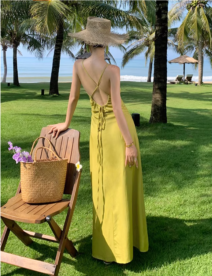 Vibrant High-Slit Light Green Maxi Dress Versatile Flowy Spaghetti Strap Ruched Tie-Back Long Dress AP1553